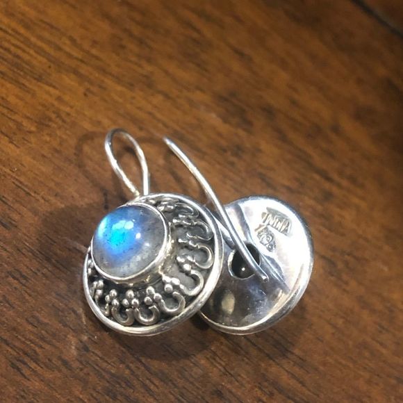 VINTAGE Blue Moonstone Cabochon Sterling Silver Oxidized Earrings - Picture 1 of 10